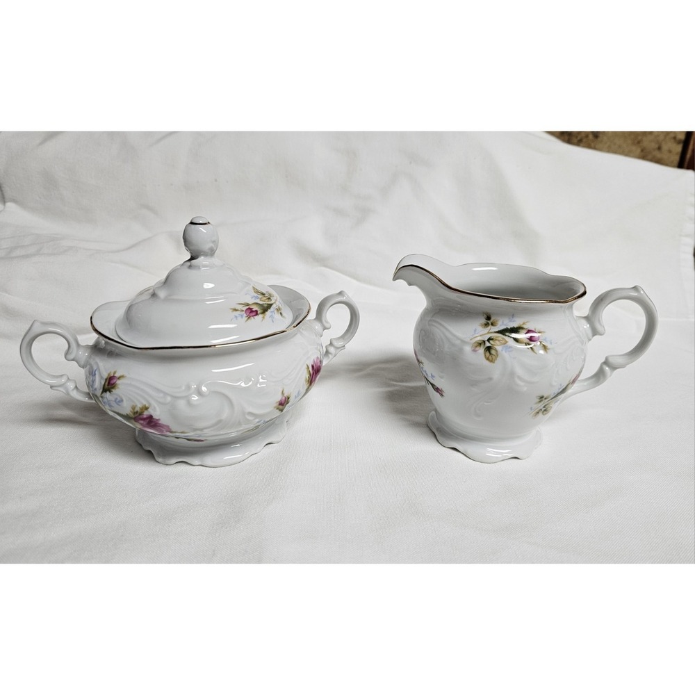 Vintage Wawel Poland Fine China Rose Pattern Creamer And Sugar Gold Trim 1950s